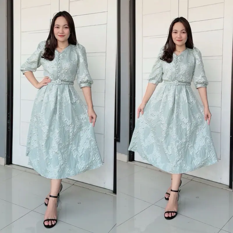 Emma.Butik E00208 Gaun Jacquard Emboss Kancing Busui Cantik Simple Natal Kondangan 7