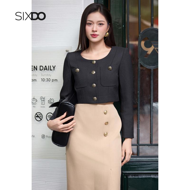  Áo vest ngắn cổ tròn SIXDO  Black Breast Pocket Cropped Raw Vest  