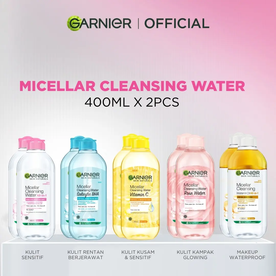 [FREE MINIS] Garnier Micellar Water - BEST SELLER (Pink, Rose, Vitamin C, Blue, Biphase) 400 ml - Twin Pack - Make Up Remover - Pembersih Wajah - Kulit Jerawat Acne Brightening Glowing