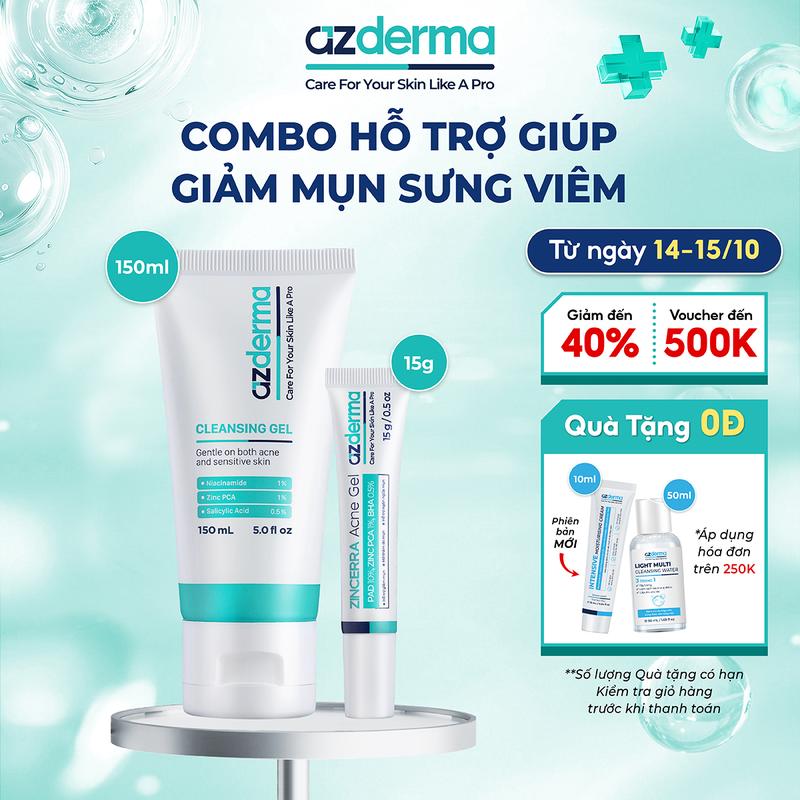 Combo Hỗ Trợ Giảm Mụn Bao Gồm Sữa rửa mặt Azderma Cleansing Gel -Gel hỗ trợ giúp giảm mụn Azderma Zincerra Acne Gel