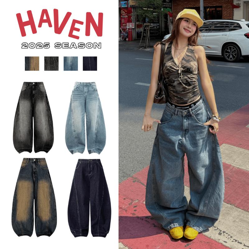 Quần jeans ống cong Haven Studio nam nữ form rộng màu xanh đen wash new và màu vàng dơ phong cách đường phố