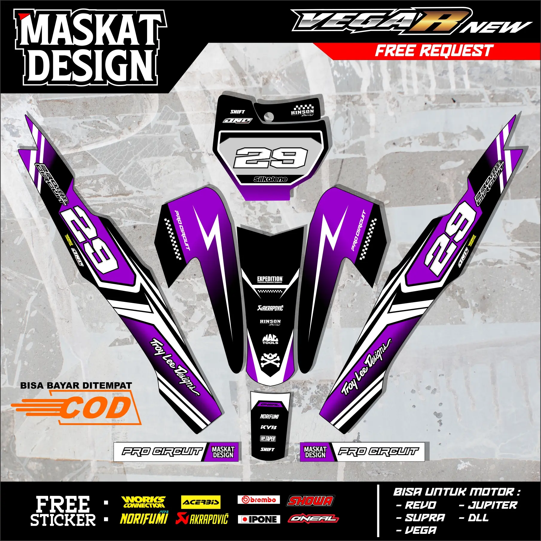 Sticker Motor RBT/GTX VEGA R New: Modif SUPERMOTO YZ CRF KLX KX KTM RBT GTX - Maskat Design 24.01 Motorcycle Glosy