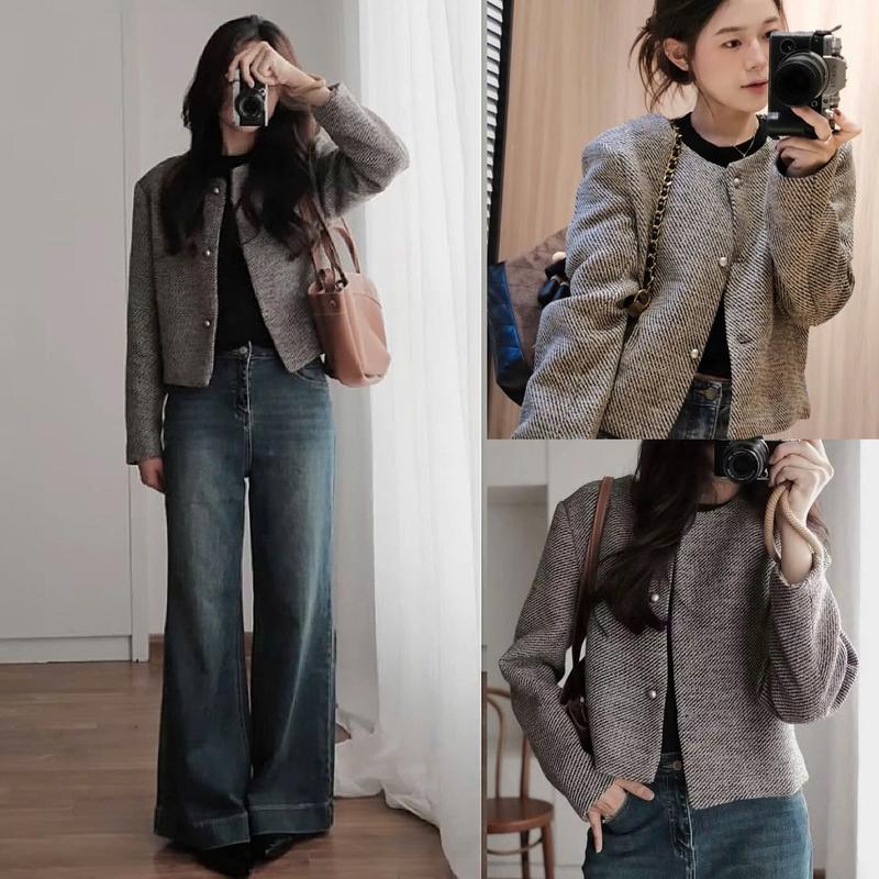  Áo dạ nữ A.782 Áo dạ tweed dày cổ tròn tay dài vạt vuông không túi dáng lửng phối cúc đồng basic - Shop Chấm Bi 