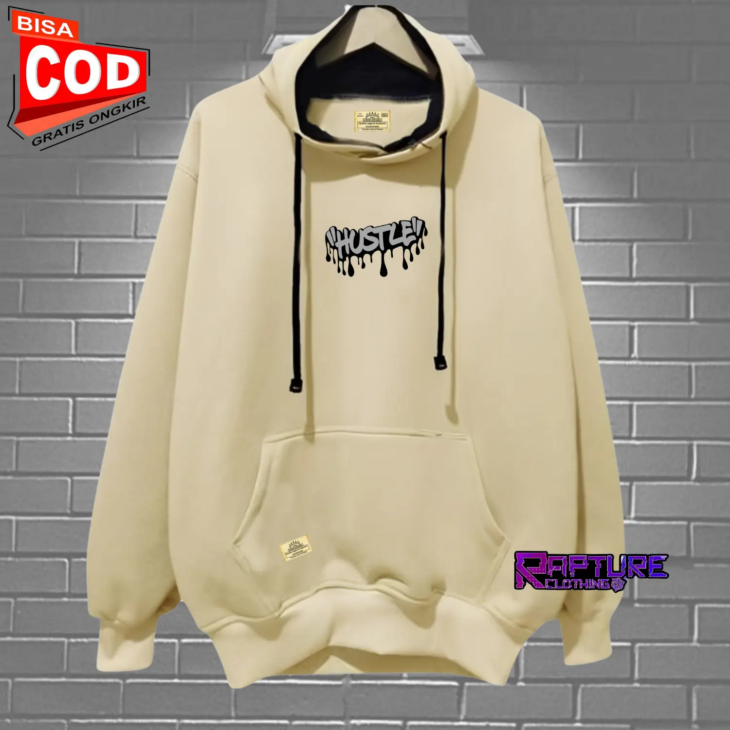 Jaket Hodi Pria Distro Terbaru Hoodie Cowok Aesthetic Hustle Warna Cream Jumper Hudie Terlaris 2024 Hodie Keren Oversize M-L-XL-