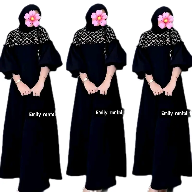 Emily Dress Series Pita Dan Rantai Kombinasi Motif Gamis Wanita Terbaru Bahan Twill Rayon Tebal Hitam 0