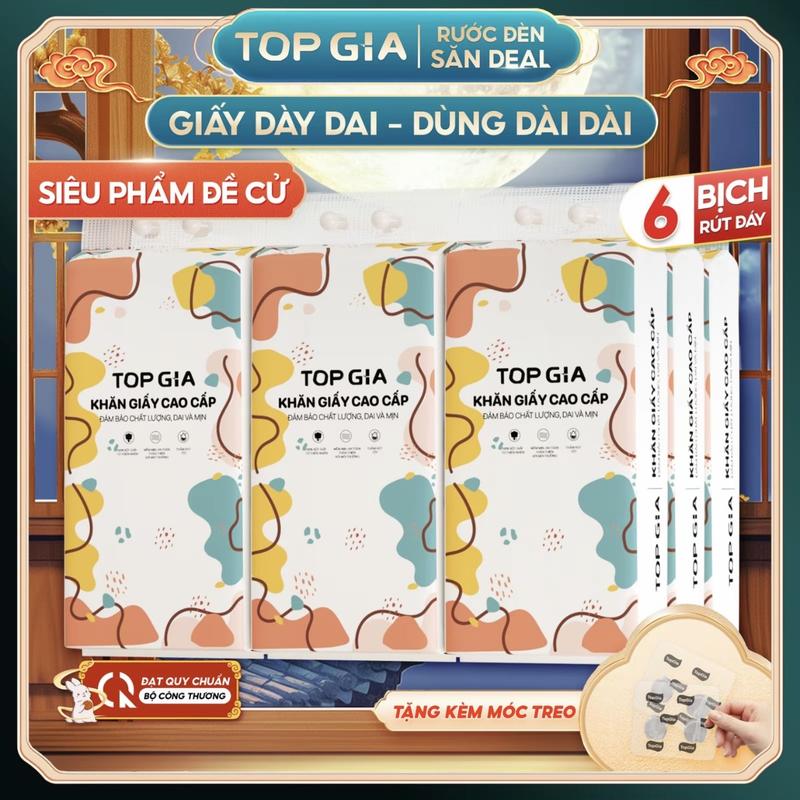 (ĐA KHO) COMBO 6 Bịch Khăn Giấy Đa Năng Treo Tường TOP GIA Đa Sắc (Tặng Móc Treo) Giấy Rút Tiện Lợi giấy  topgia