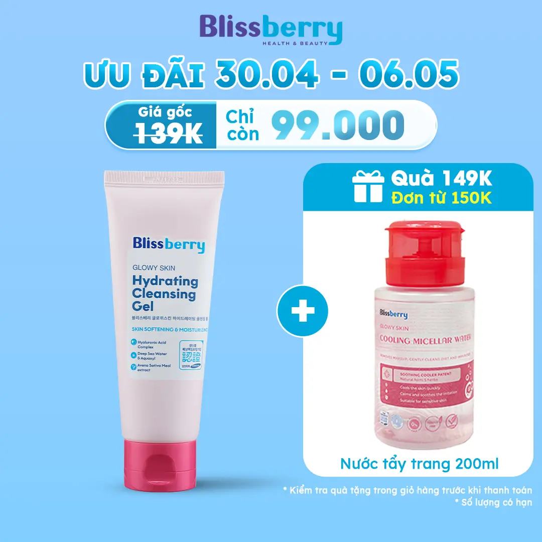 [ĐƠN 150K NHẬN TẨY TRANG] Sữa rửa mặt dịu nhẹ, cấp ẩm, làm sáng da Blissberry Glowy Skin Hydrating Cleansing Gel 100ml