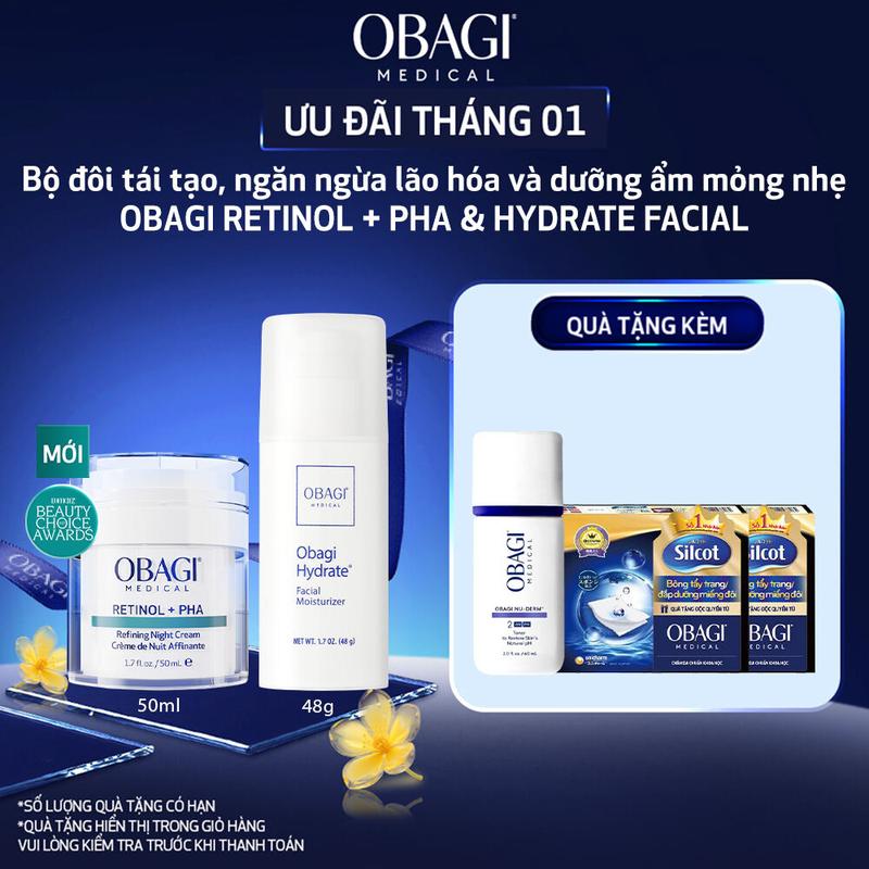 Bộ đôi Kem tái tạo & ngăn ngừa lão hóa da ban đêm Obagi Medical Retinol + PHA 50ml và Kem dưỡng ẩm OBAGI Hydrate Facial 48g