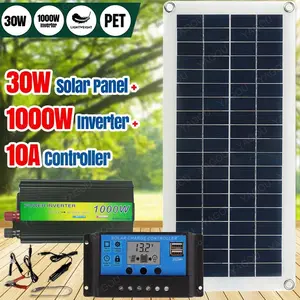 1000W Inverter Solar System 30W Panel Kit Complete with Controller 12V Power Battery Charge Set for Home Car Camping