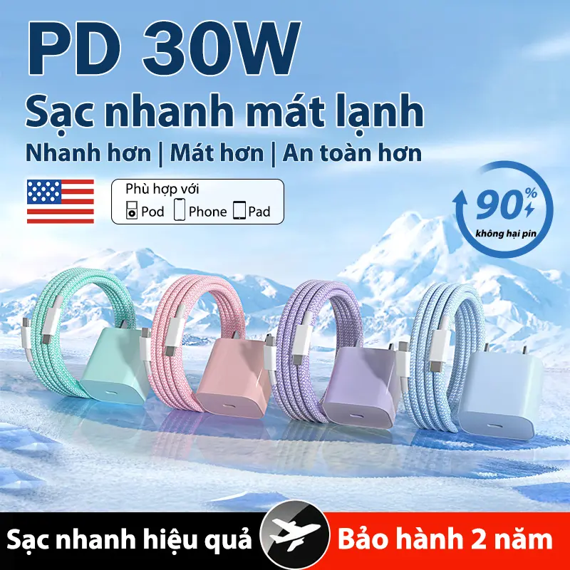 Bộ Sạc Nhanh PD 30W Chính Hãng Dây Cáp Dù Bền 1M Tương Thích 20W iPhone 8-14 Pro Max & iPad Air/Pro/Mini Hỗ Trợ Sạc Nhanh 60 Phút Pin 80%