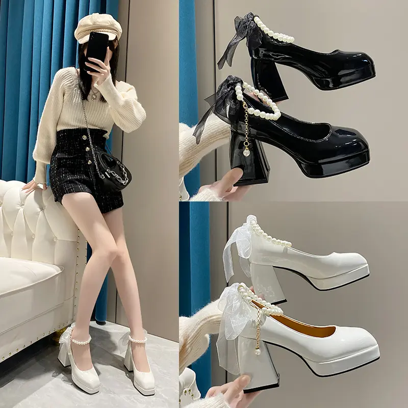 Sepatu Chunky High Heels Tahu Tinggi 9cm Wanita Tali Kekinian Import Pesta Mewah Murah Premium Kondangan Hitam Putih Terbaru Korea Elegan Glossy Wedding Big Size Ankle Strap Mary Jane Shoes - Ukuran 35 36 37 38 39 40 41 42 0