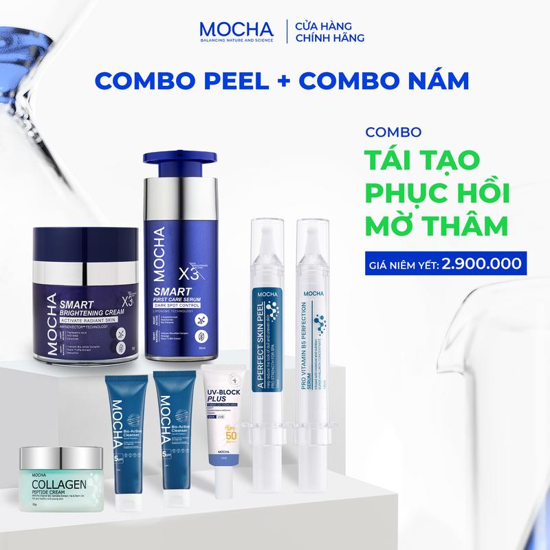  MOCHA Bộ 8 sản phẩm: Peel + Kem Nám + Serum Nám  Tặng 2 sữa rửa mặt 25ml + kem chống nắng 15ml + tinh chất phụ hồi b5 + kem collagen  | Combo Tái Tạo & Phục Hồi 
