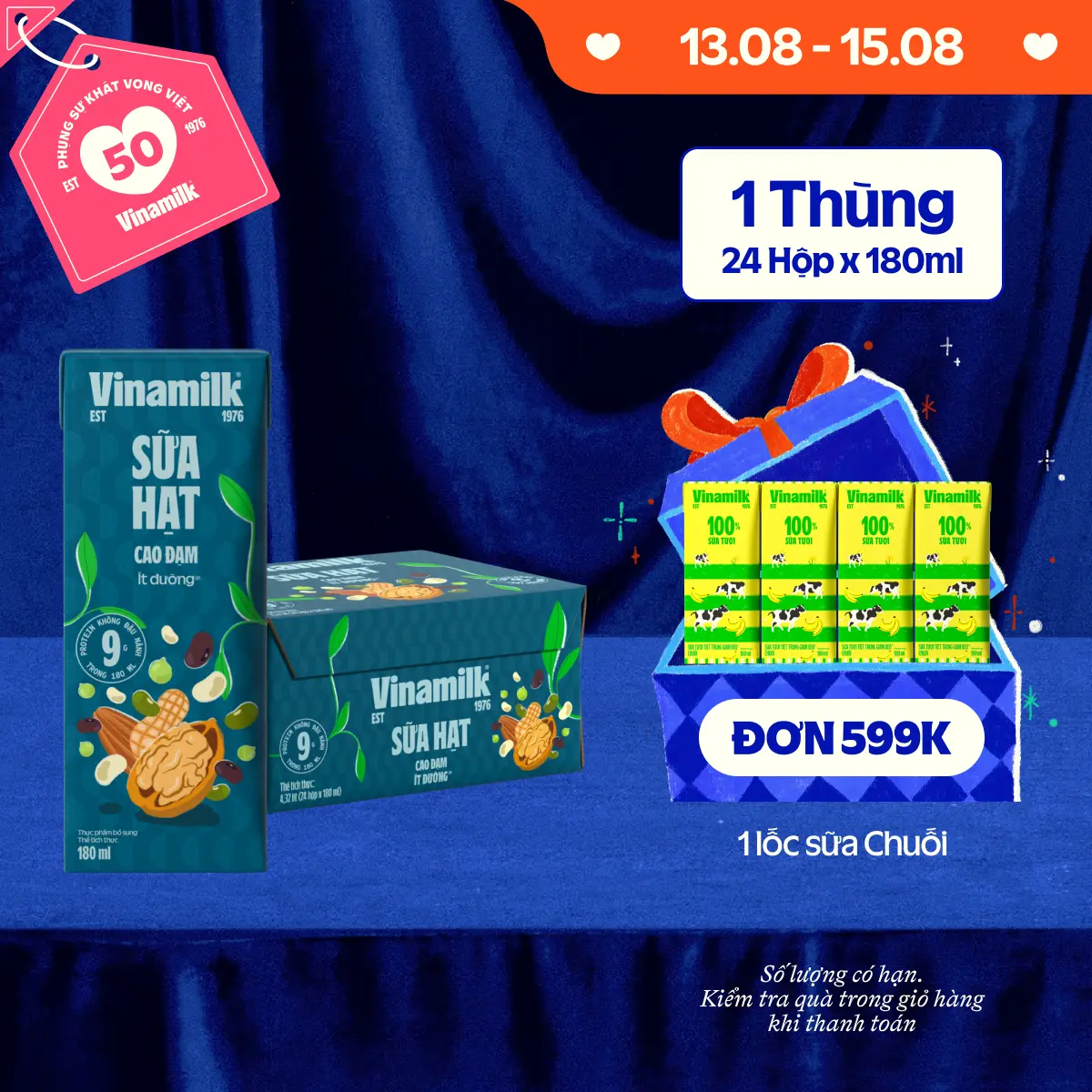 Thùng 24 hộp 180ml Sữa hạt Cao đạm ít đường Vinamilk