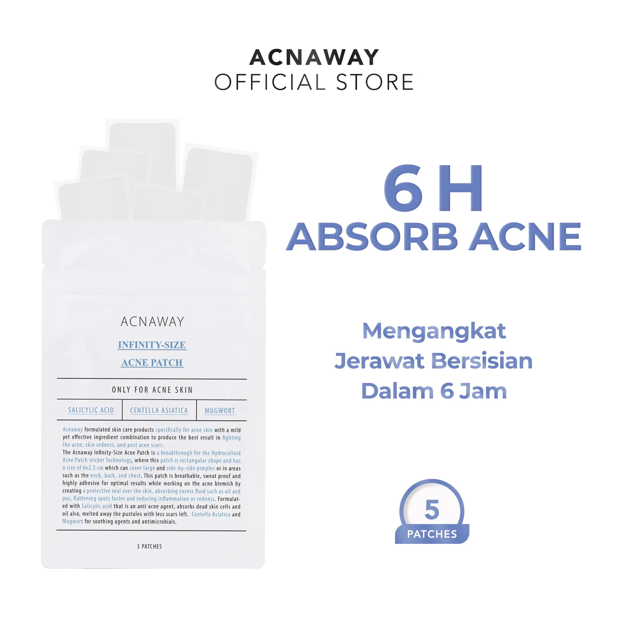 ACNAWAY Infinity Acne Patch – Plester Jerawat Panjang, Tahan Keringat & Tipis Ukuran Besar & Invisible Breathable & Sweatproof with Salicylic Acid + Centella Asiatica + Mugwort