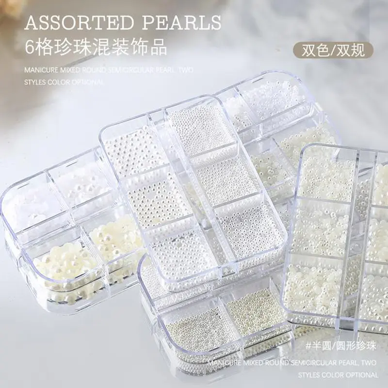 6 Grids AB White Pearl Nail Art Decorations Flatback Roundback Beads Pink 3D Nail Jewelry Rhinestones DIY Manicures Necessaries