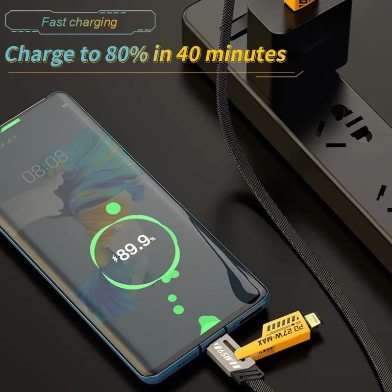 Kabel data pengisian cepat 4-in-1 65W dengan kecepatan transmisi cepat dan kompatibilitas yang kuat, cocok untuk ponsel Android dan Apple Panjang Lighting Cable 3
