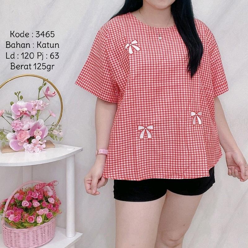 blouse jumbo Wanita Atasan Katun Pendek Baju Cewek Dewasa Casual Motif kotak ld 120cm 0