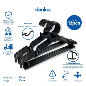 Isi 12 Pcs Hanger Gantungan Baju Pakaian Celana Laundry Serbaguna Plastik Dewasa Dan Anak 38x20 Warna Hitam