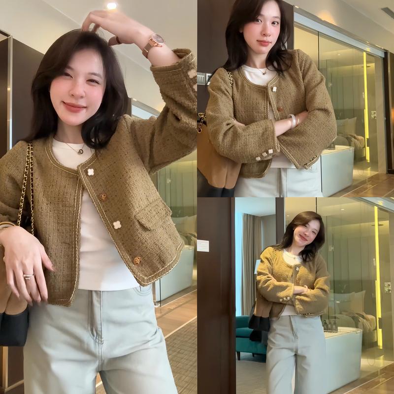 (KÈM MÓC+BỌC PHỦ) Áo dạ Tweed nữ dáng ngắn cúc hoa kiểu cổ tròn QC150