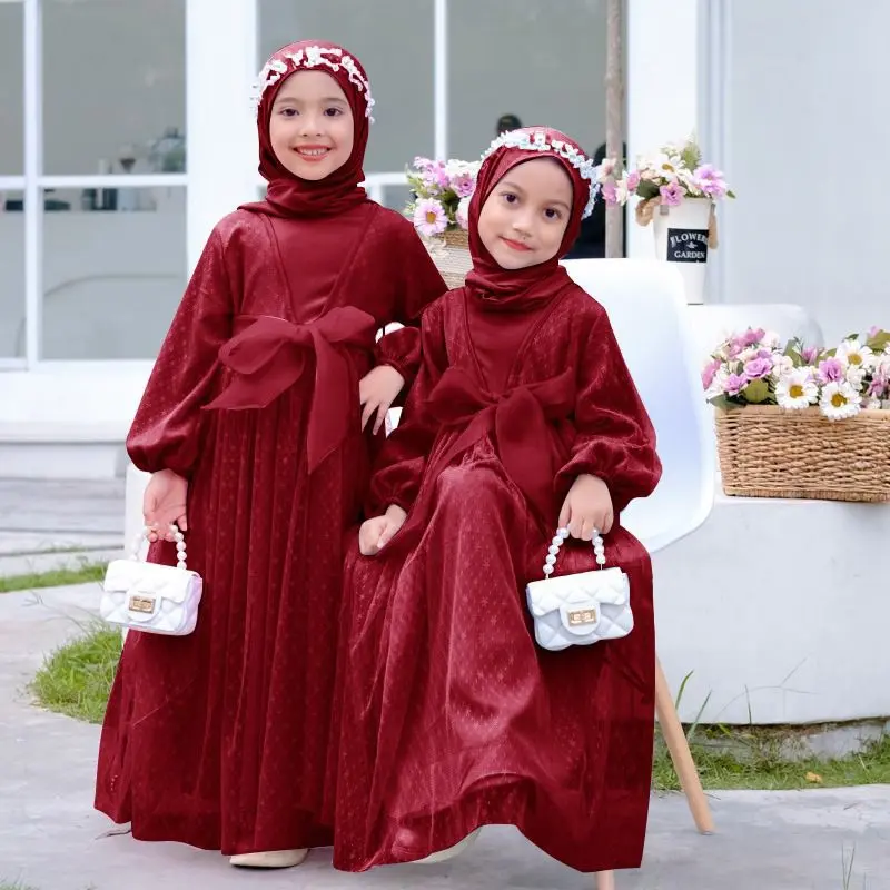 Gamis anak perempuan muslim mewah terbaru gaun putih mutiara panjang tile lebaran Ladys Kid Pita Baju Dress 1
