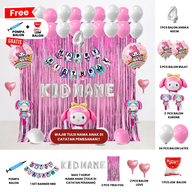 SANRIO KUROMI/MELODY/CINAMOROLL SET DEKOR ULANG TAHUN ANAK/ DEKORASI ULTAH ANAK 2
