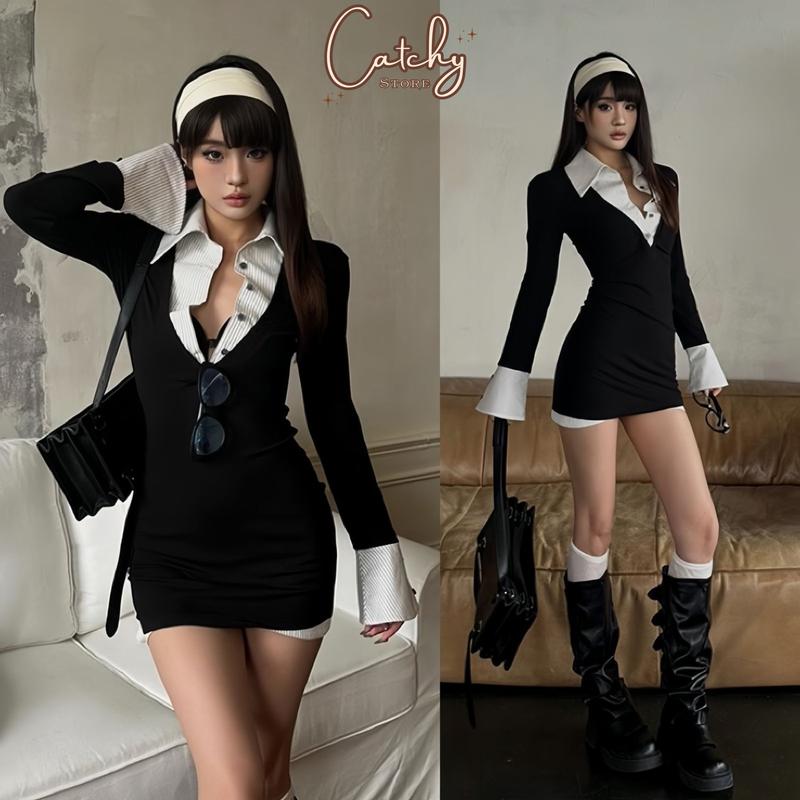 Đầm Body Cổ Sơ Mi Thư Ký Tay Dài Loe Ôm Dáng Sang Chảnh Thanh Lịch Đi Chơi Thu Đông CATCHY