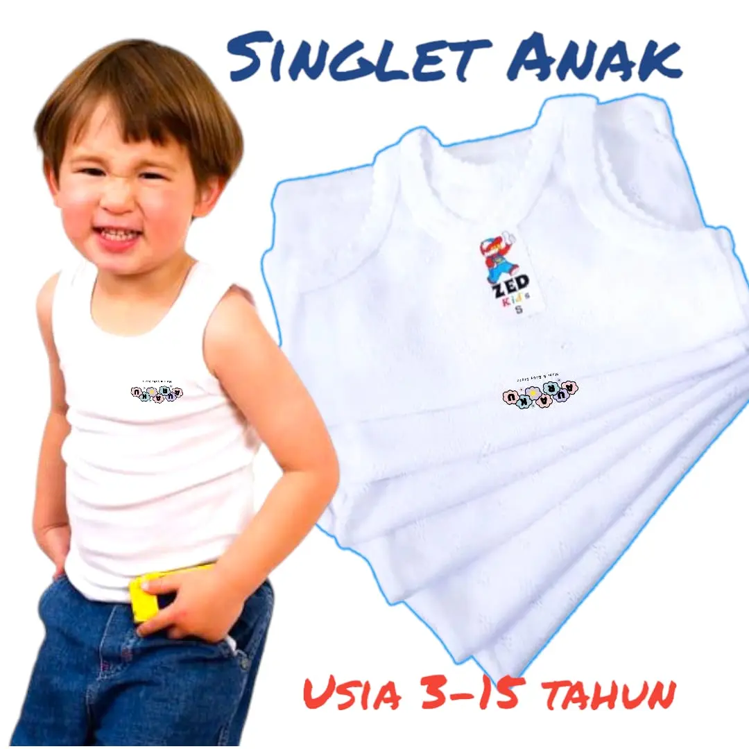 6Pcs Kaos Dalam Anak-anak Laki-Laki dan Perempuan Usia 3=15 Tahun, Singlet Kutang ZED Kids Ukuran JUMBO XL, XXL, 4L, 5L, 6L, 7L Warna dan Putih Fashion