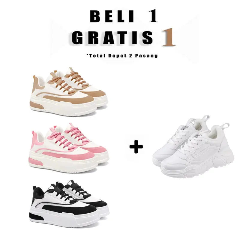 PROMO ! BUY 1 GET 1 FREE Sepatu Kasual Wanita Korea Jeno Coek Sneakers Kekinian Warna Mocca Pink Hitam 0