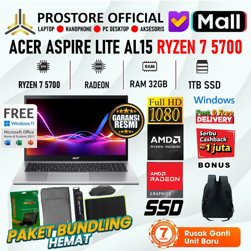 LAPTOP ACER ASPIRE LITE AL15 RYZEN 7 5700 32GB 16GB 8GB - 1TB 512GB SSD W11+OHS 15.6FHD IPS -41P.R72B 0