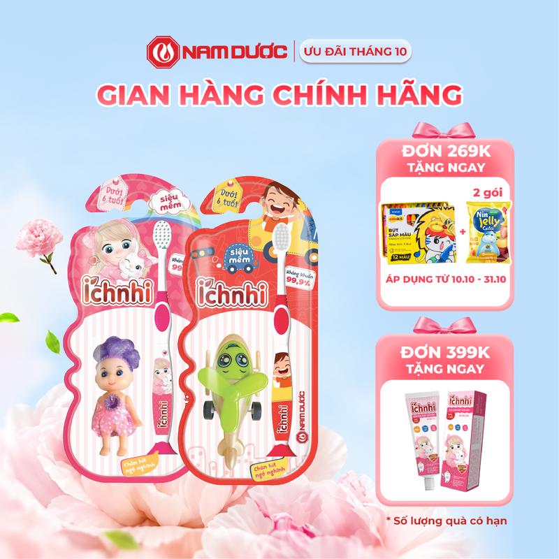 Bàn chải đánh răng cao cấp Ích Nhi cho trẻ em dưới 6 tuổi kèm đồ chơi cho bé tập đánh răng, vệ sinh răng miệng