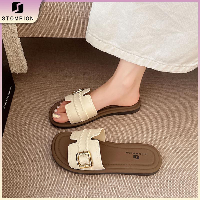 STOMPION Dép xỏ ngón phong cách Hàn Quốc cho nữ, trang trí khóa vàng thanh lịch, dép đế bằng tối giản