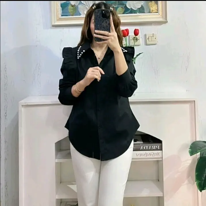 Atasan Wanita Terbaru / Kemeja Kerah Mutiara Bahan crinkel/Kerah Payet Lengan Panjang/ Atasan Kemeja Korea style Baju Casual Hitam Cewek Remaja Dewasa Cantik Nyaman Elegant viral korean style