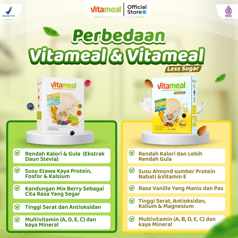 [PAKET] 3 BOX VITAMEAL - Original Resmi - Sereal Makanan Nutrisi Sehat Rendah Gula, Rendah Kalori, Tinggi Serat & Antioksidan - Sumber Protein, Kalsium, Vitamin & Mineral - Pengganti Sarapan Oat Food Granola Oatmeal Susu Cereal Meal 3