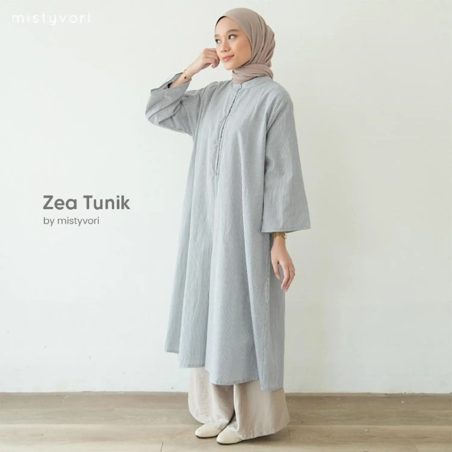 MISTYVORI |  Zea Tunik Baju Wanita Bahan Katun Salur Atasan Panjang Muslim Lembut  Dress Kancing