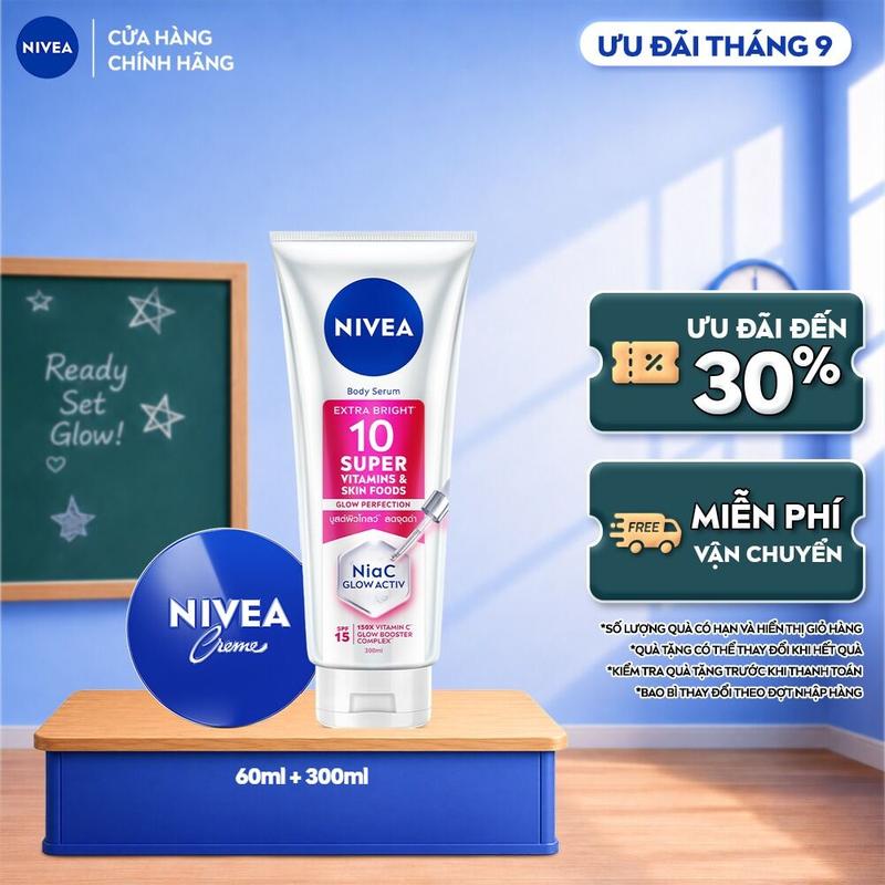 Combo Dưỡng Sáng, Ẩm Mịn Da NIVEA Gồm Serum Dưỡng Thể Super 10 300ml & Kem Dưỡng Ẩm Creme 60ml/30ml 93824/80101/80102