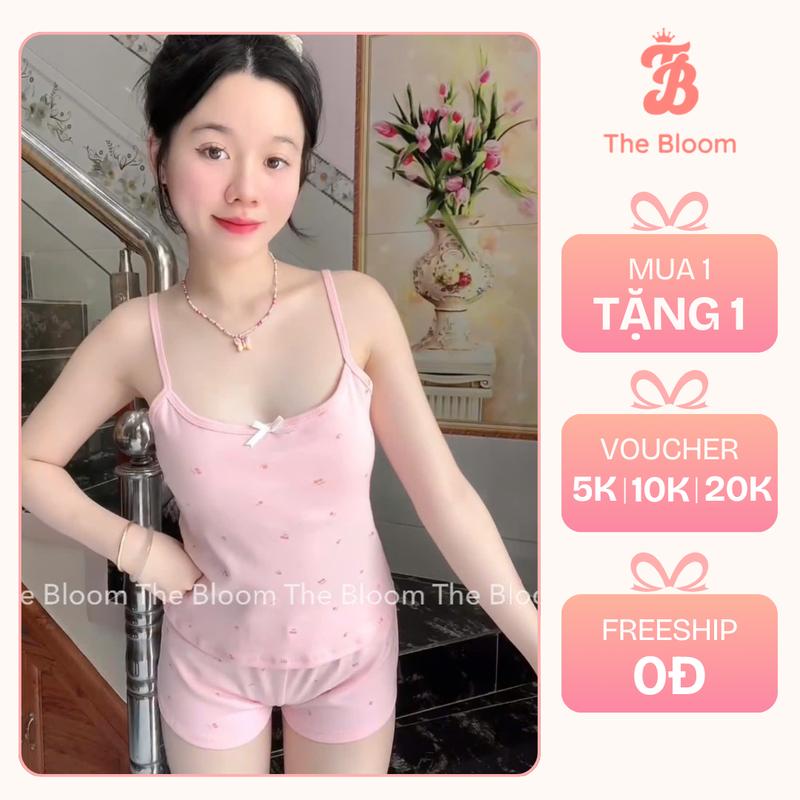THE BLOOM Set bộ ngủ áo 2 dây đính nơ kèm quần mini in hình Áo 2 dây quần lưng thấp - SE009 đồ bộ mặc nhà hai meo Cotton Women Nữ Top đồ setdomac nhaxinh hoa nhí bộ ngủ 2 dây set bongu quyen ru