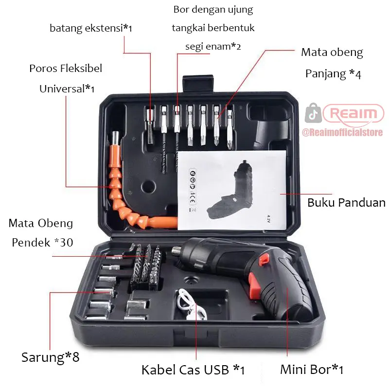 REAIM 47 Pcs Set Bor Mini Portable Screwdriver Baterai Bor Mini Cordless Screwdriver 4.2 V Impact Cordless Drill Screwdriver Baterai Mesin Bor Obeng Set Lengkap Baterai Charger 2