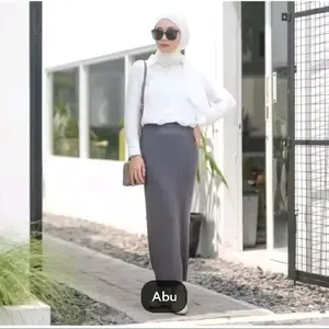 (Grosir)Rok Span Rajut Knit Hornet Wanita Premium Hitam Bawahan Panjang Muslim Karet - Kerja Putih