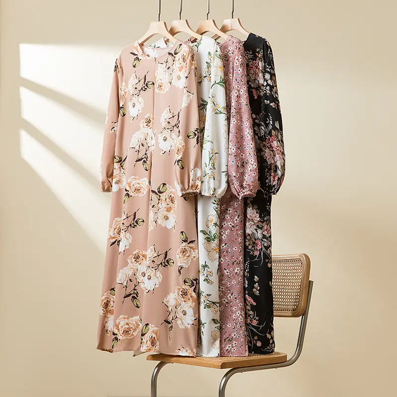 Cross-Border Foreign Trade Floral Chiffon Dress Robe Women Oversized Fat Hiding Loose Slimming Elegant Long Dress