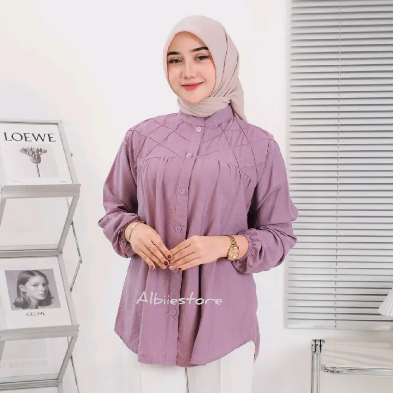 Kemeja Wanita LAURA Lengan Panjang Bahan Pololinen Baju Atasan Cewek Variasi Kancing Belakang 5