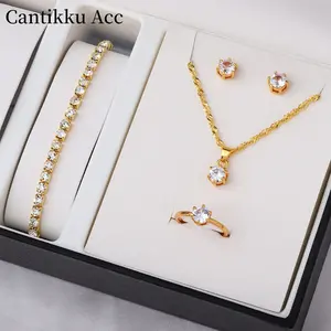 Set perhiasan zirkon bergaya Eropa dan Amerika untuk wanita, menampilkan anting-anting delapan hati dan delapan anak panah, cincin, gelang, dan kalung (empat buah).