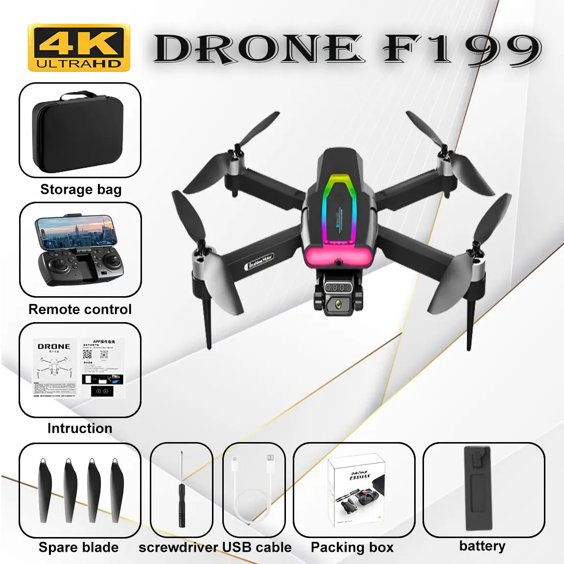 Drone F199 Baru Dengan Kamera Mini 4K Wifi Fold Drone Brushless Optical Flow 100m Telepon Control 2.4G FPV Gesture Outdoor Quadcopter