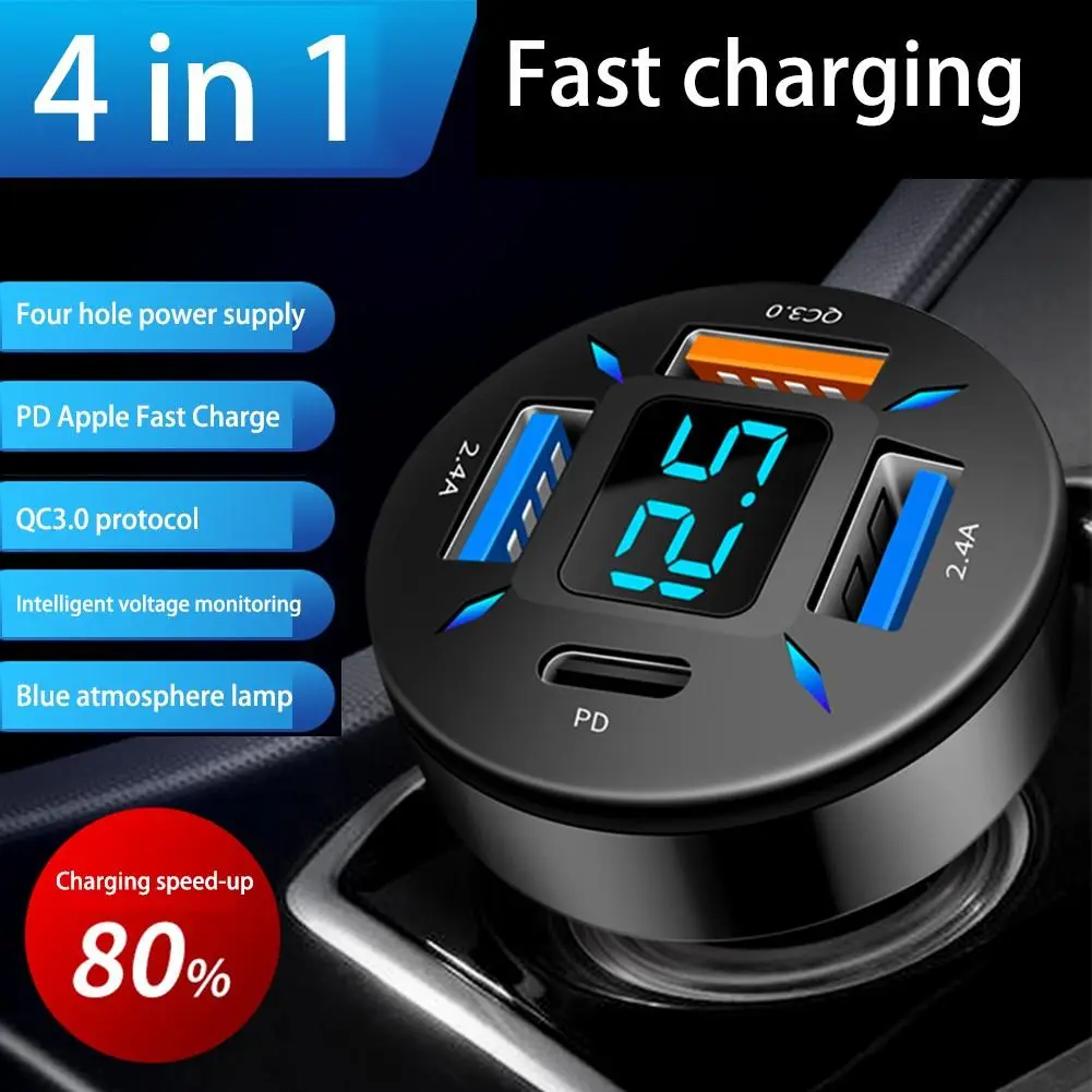 Pengecas Kereta USB, 4 USB QC3.0 + PD, Voltmeter Digital, Sesuai untuk 12V / 24V