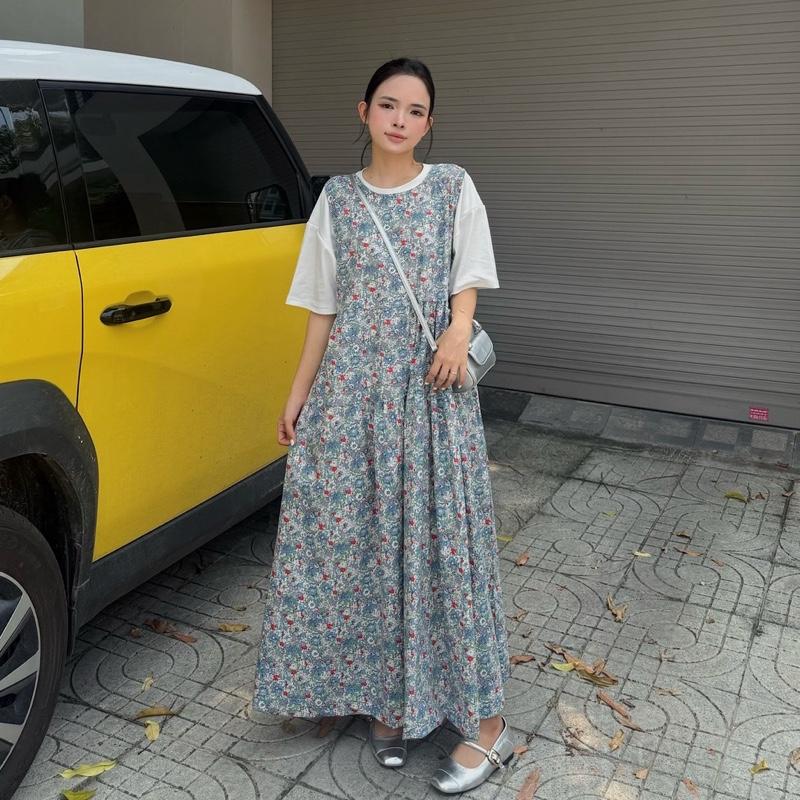 20DECEMBERkorea - Set váy yếm hoa nhí kèm áo thun trắng