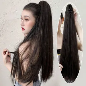 Wig Wanita Ekor Kuda Rambut Palsu Panjang Mode Tali Rambut Simulasi Jepit Wig Alami Lurus Ekor Kuda Tinggi Kepang