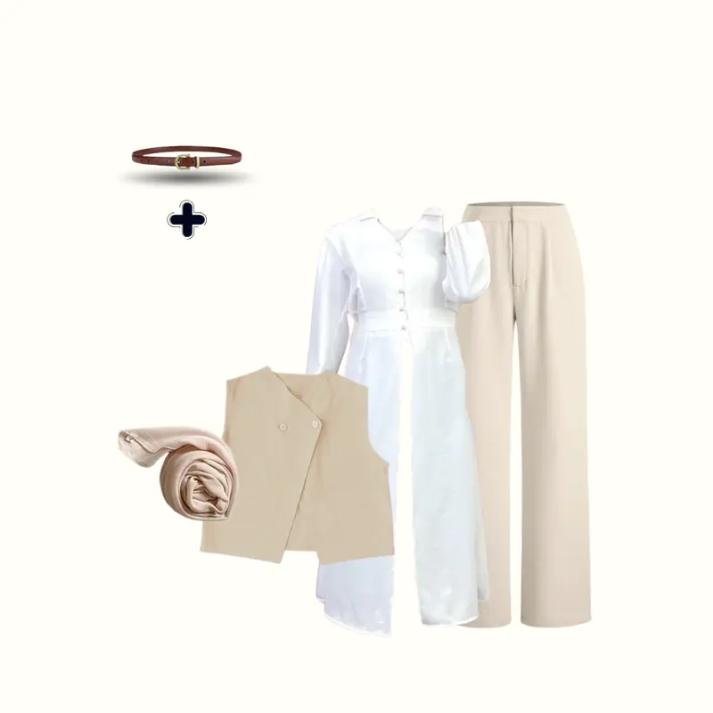 1Set Outfit Hijab Rompi Tunik  Perempuan (Hijab+Rompi+Tunik+Celana+Belt) OOTD Bukber- CL180 Muslim Panjang Setelan Wanita Kombinasi Atasan Baju 3