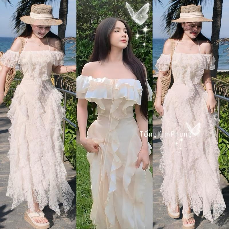 (DEAL MỞ BÁN) VÁY REN TRỄ VAI TUA RUA DÁNG MAXI ĐI BIỂN ĐI CHƠI ĐI DU LỊCH(full lót dày dặn)