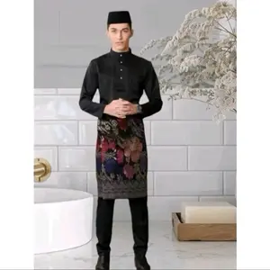 Abbdullah teluk belanga,cekak musang baju melayu pria,baju Malaysia pria,baju couple Koko Muslim Dewasa Panjang Lebaran Kurta Mewah Kancing Cowok Keren Formal Seragam Keluarga,baju couple Lebaran ibu ayah