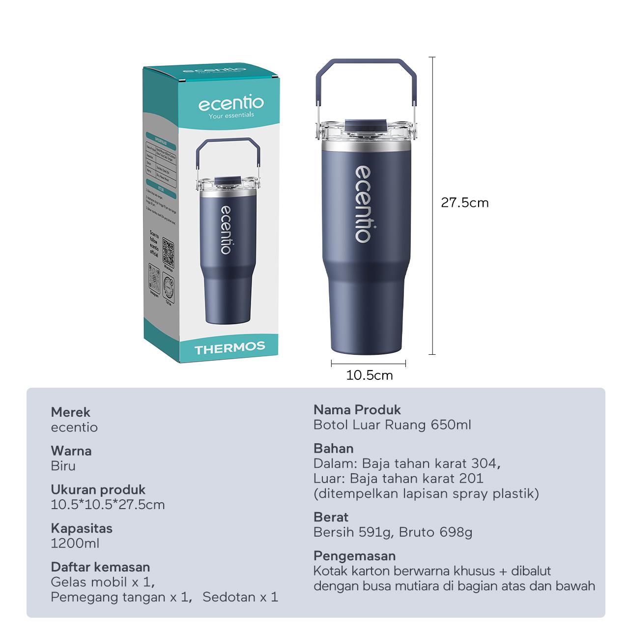 ecentio botol minum stainless steel 1200ML Termos tahan panas dingin 24 jam Kapasitas besar Outdoor protable tumblr aesthetic air botol