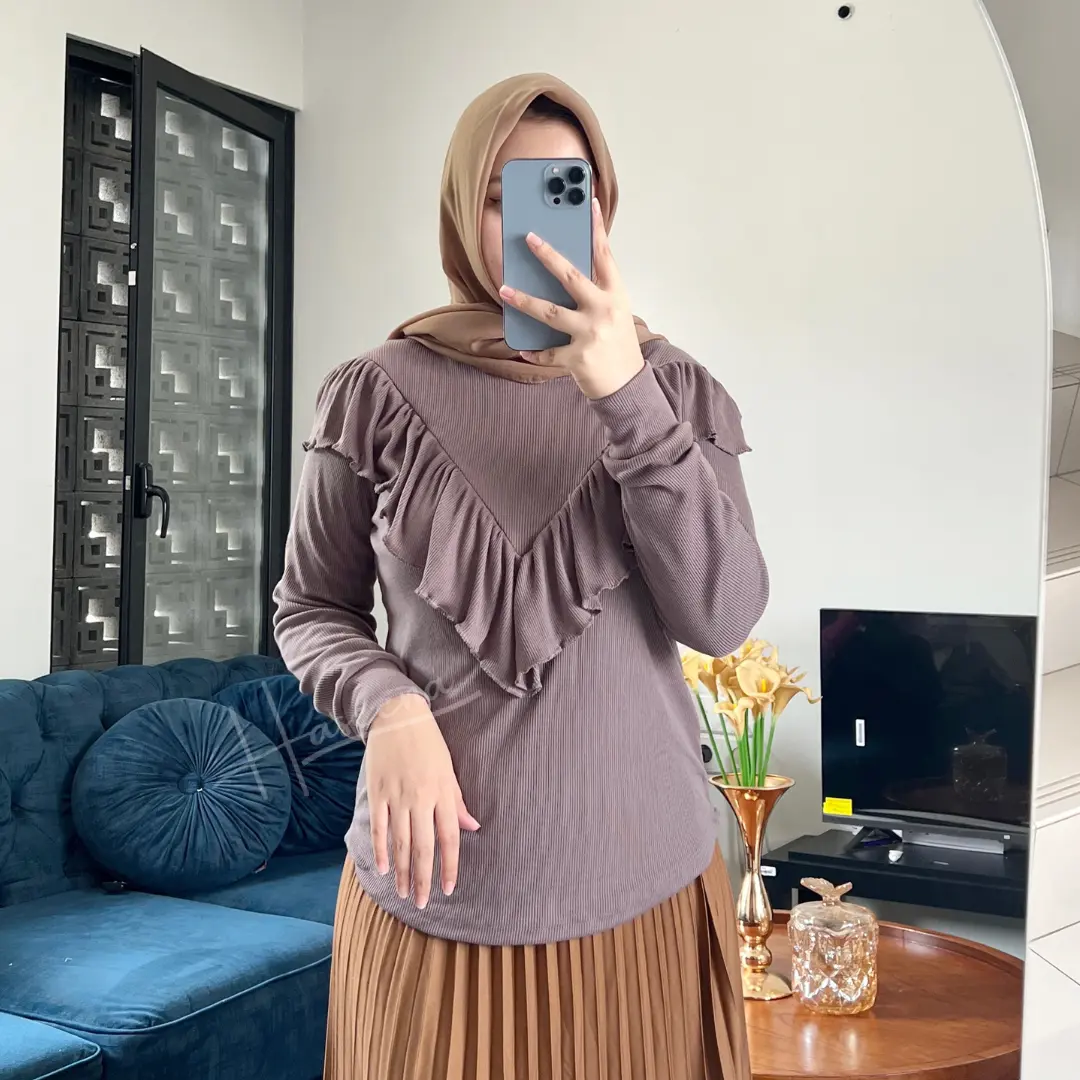 Haseena Blouse Ruffle Wanita Lily Atasan Rumbai Lengan Panjang Cotton RIB | Blouse Knit Rempel Layer Raffle Top Big Size Jumbo Kekinian Muslim